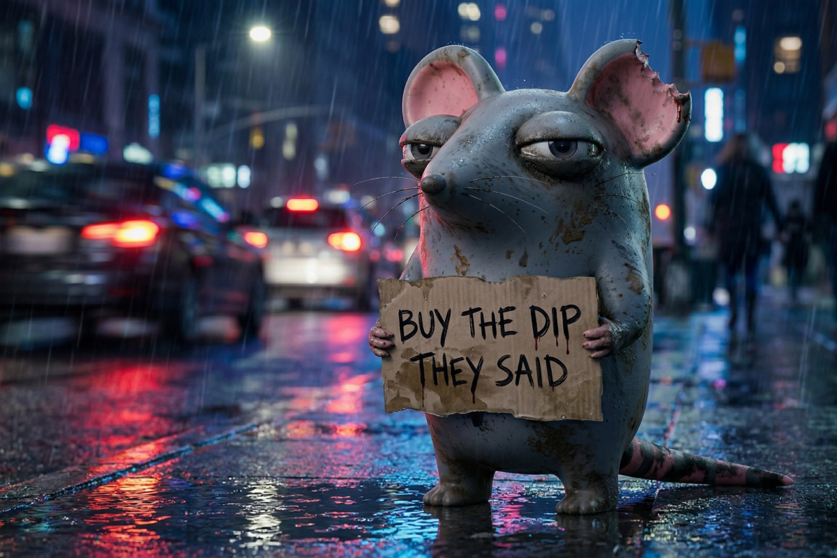 Sad mouse in rainy city